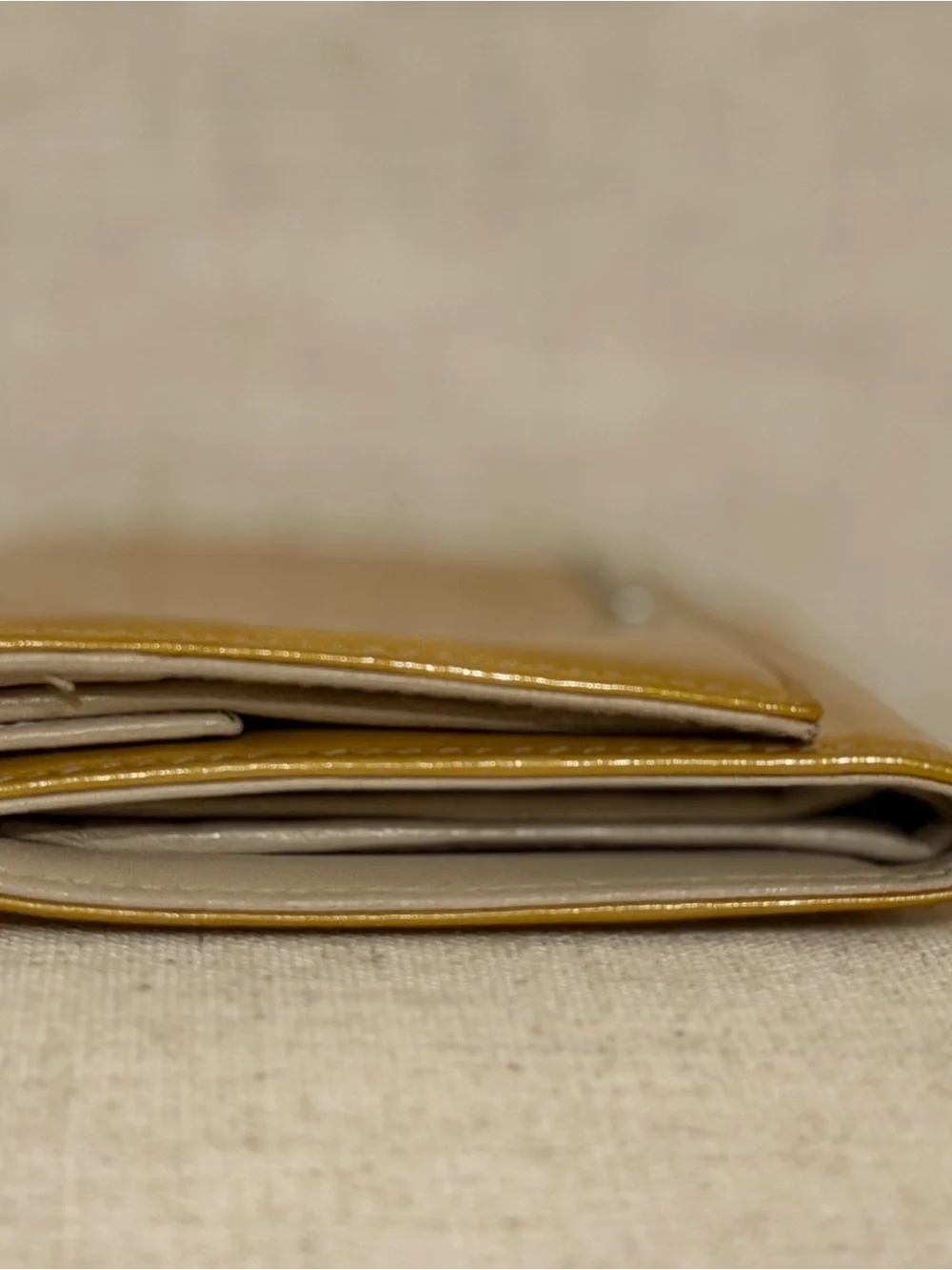 Prada Glossy Mustard Patent Leather Wallet with Silver Logo Bar